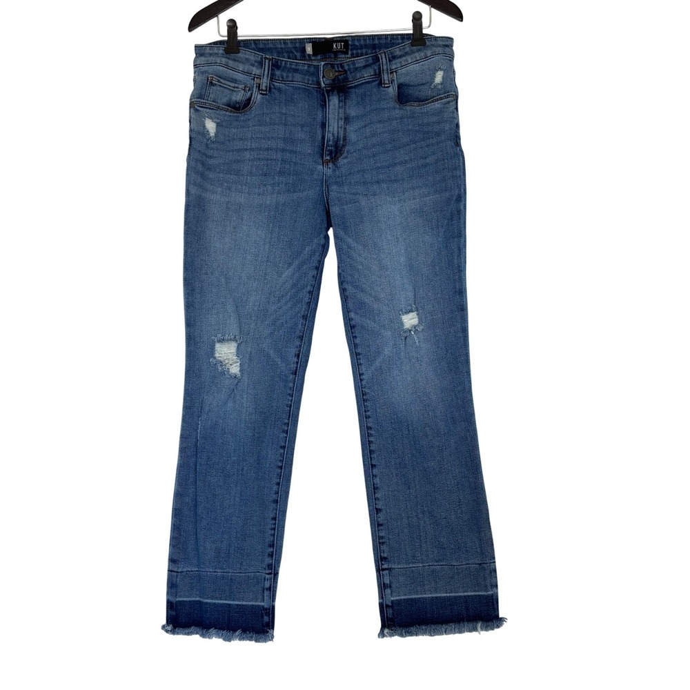 KUT from the Kloth Reese Ankle Straight Leg Distressed Raw Hem Jeans Blue 10